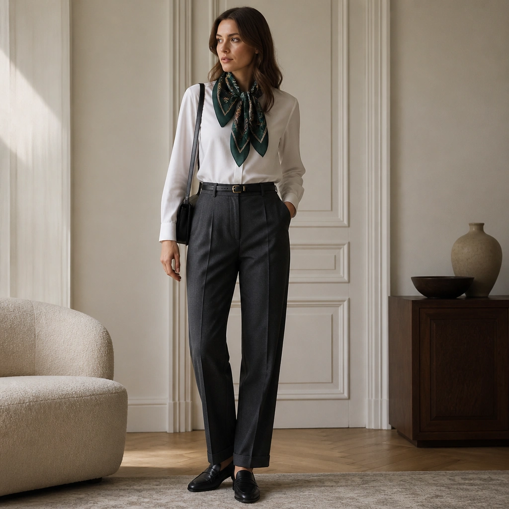 A set-style look with charcoal wool trousers, a white silk blouse tucked in, and a patterned deep-green scarf looped at the neck. The model wears black loafers and a slim leather shoulder bag.