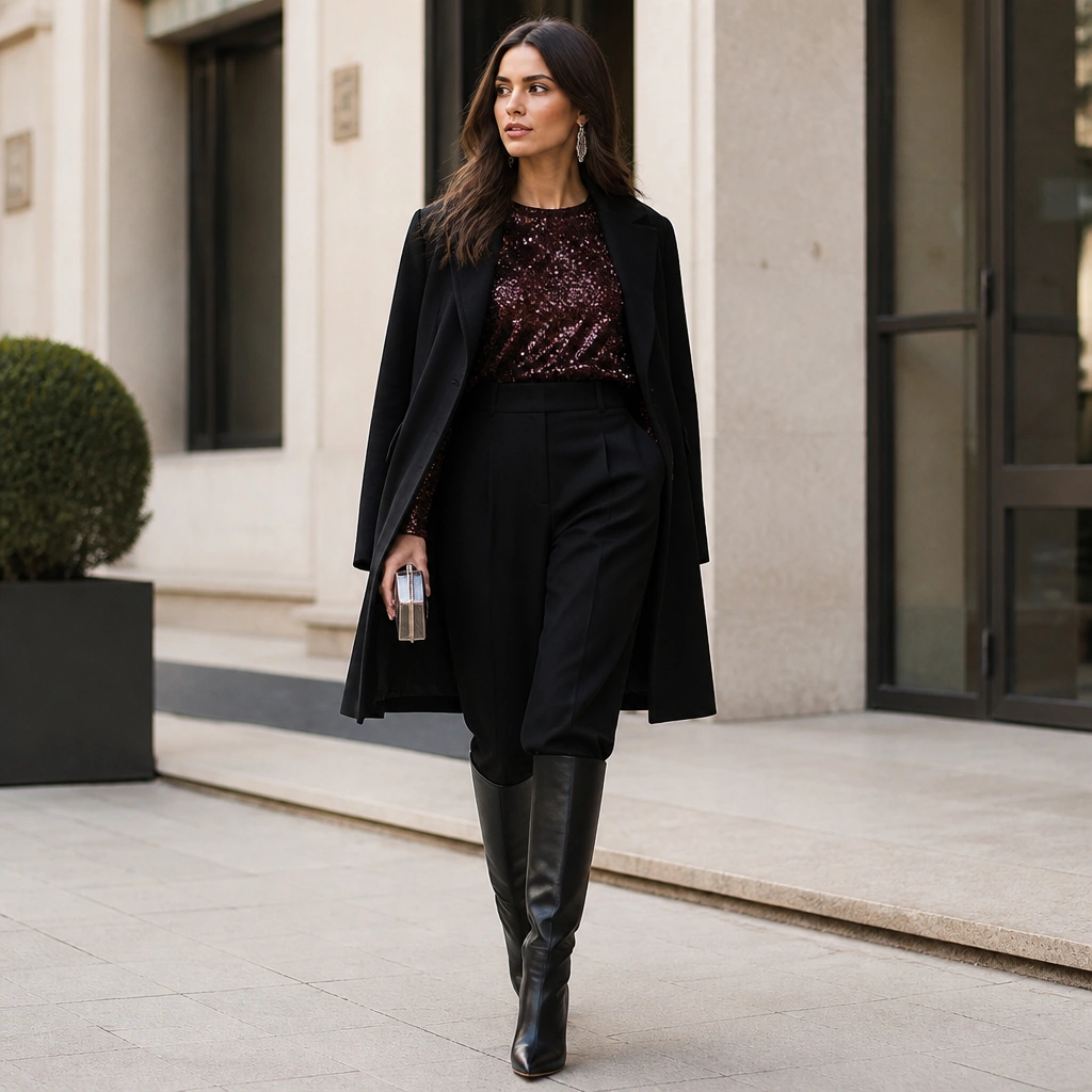 A black crepe trouser outfit with a long-sleeve sequin top in dark wine. The person wears tall black knee boots and a minimal black coat. A small metallic clutch is held in one hand.
