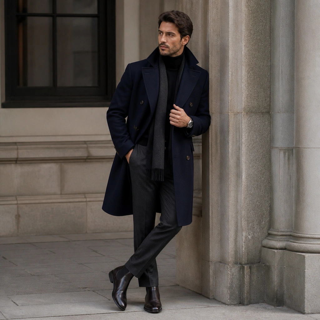 A man wearing a navy double-breasted overcoat over a fitted black turtleneck. He pairs it with tapered charcoal trousers and dark leather Chelsea boots. A watch and a dark scarf finish the look.