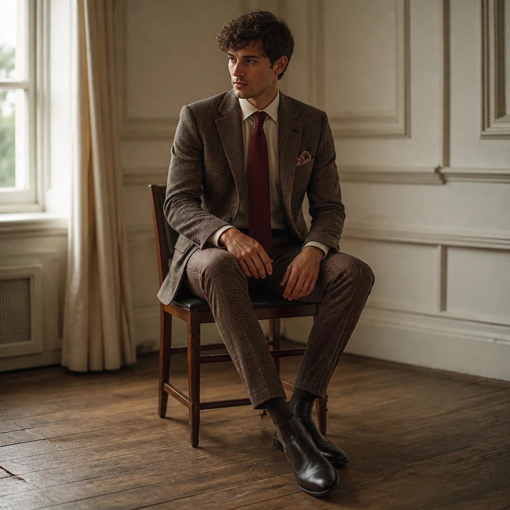 Plaid wool blazer and matching trousers in muted brown tones. Underneath is a light shirt with a knit tie in burgundy. The model wears dark Chelsea boots and a pocket square.