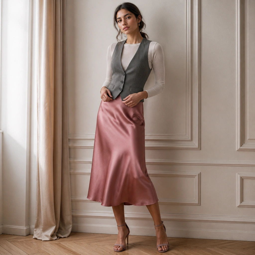A satin midi skirt in dusty rose with a subtle sheen. Over it, a fitted gray wool vest is worn. The model has ankle-strap heels and a light knit top tucked in.