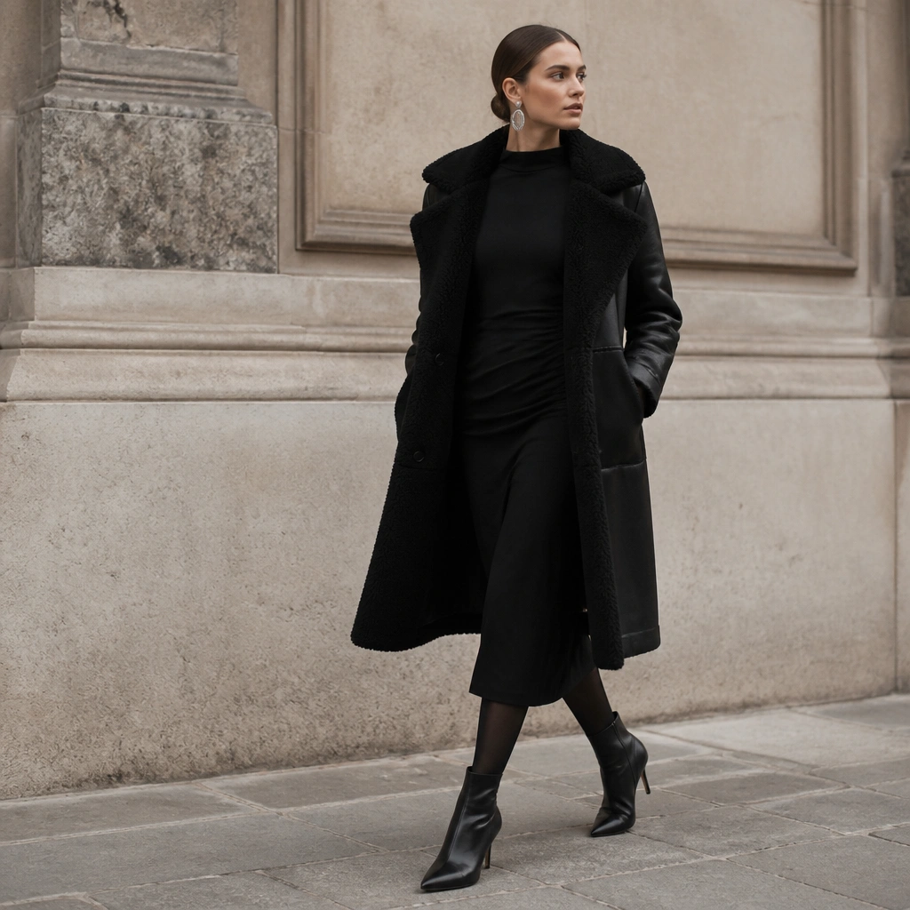 An all-black look with a long-sleeve midi dress, a shearling-look black coat with a soft collar, and bold silver statement earrings. The model wears black tights and heeled ankle boots.