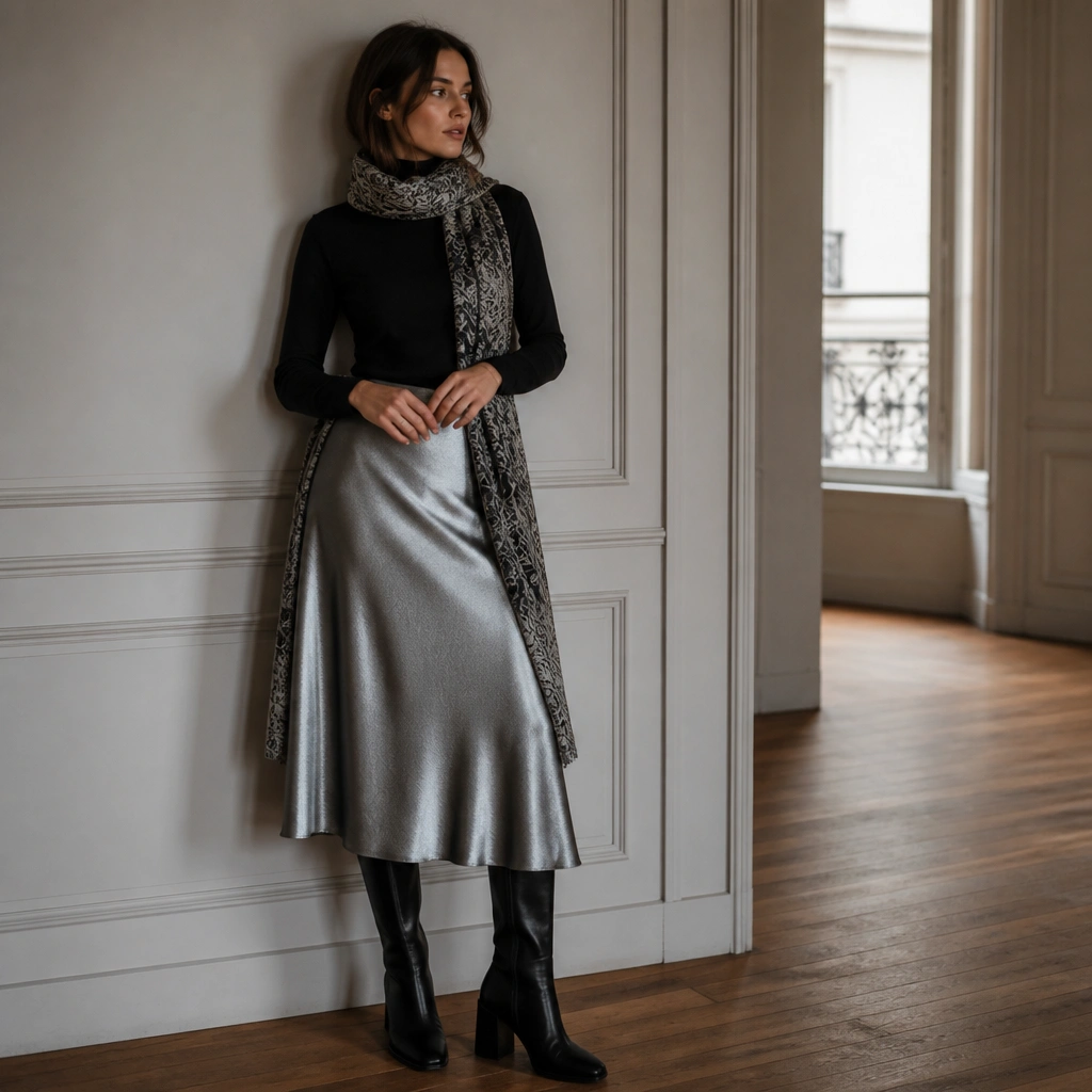 A metallic silver skirt paired with a matte black turtleneck sweater. A long patterned scarf in black and silver is wrapped around the neck, and the outfit is finished with black boots.