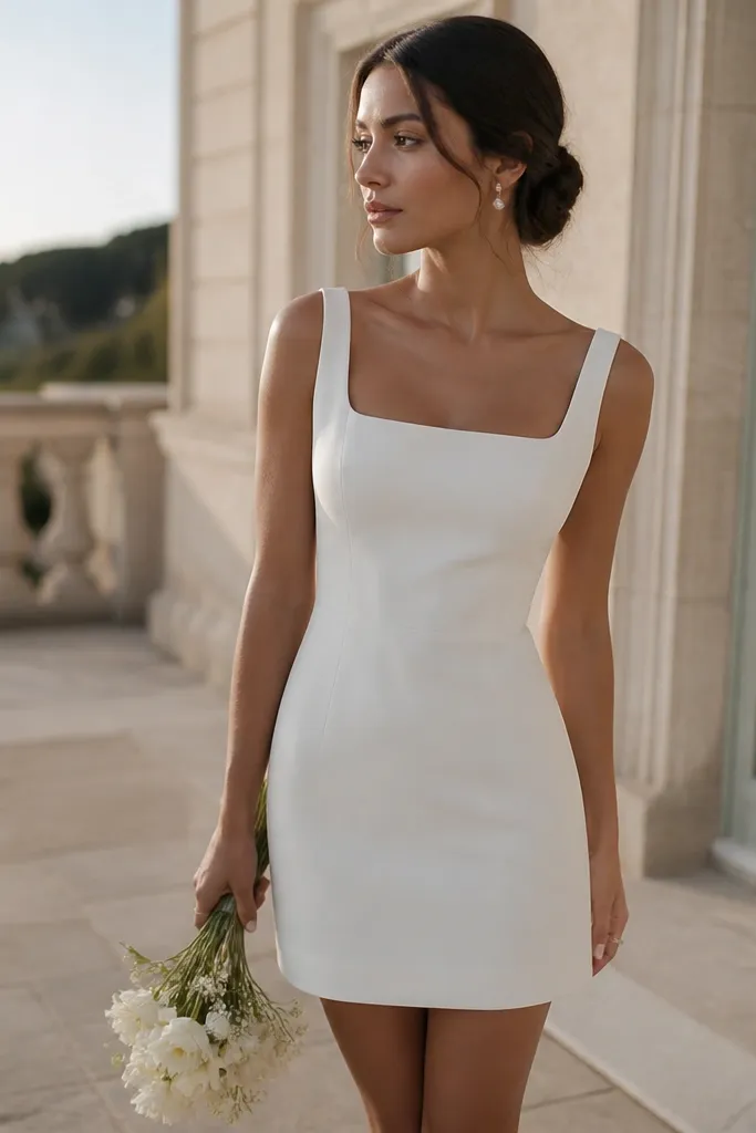 A fitted short wedding dress in matte ivory crepe, square neckline, clean sleeveless finish, and a straight mini hem; minimal seams and a soft, structured drape.