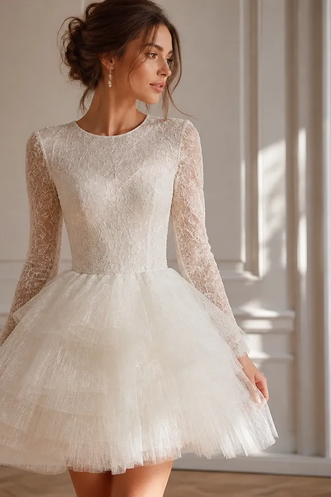 An ivory short wedding dress featuring a fitted long-sleeve or cap-sleeve bodice and a layered tulle skirt that flares gently to a mini hem; airy volume and soft sparkle at the seams.