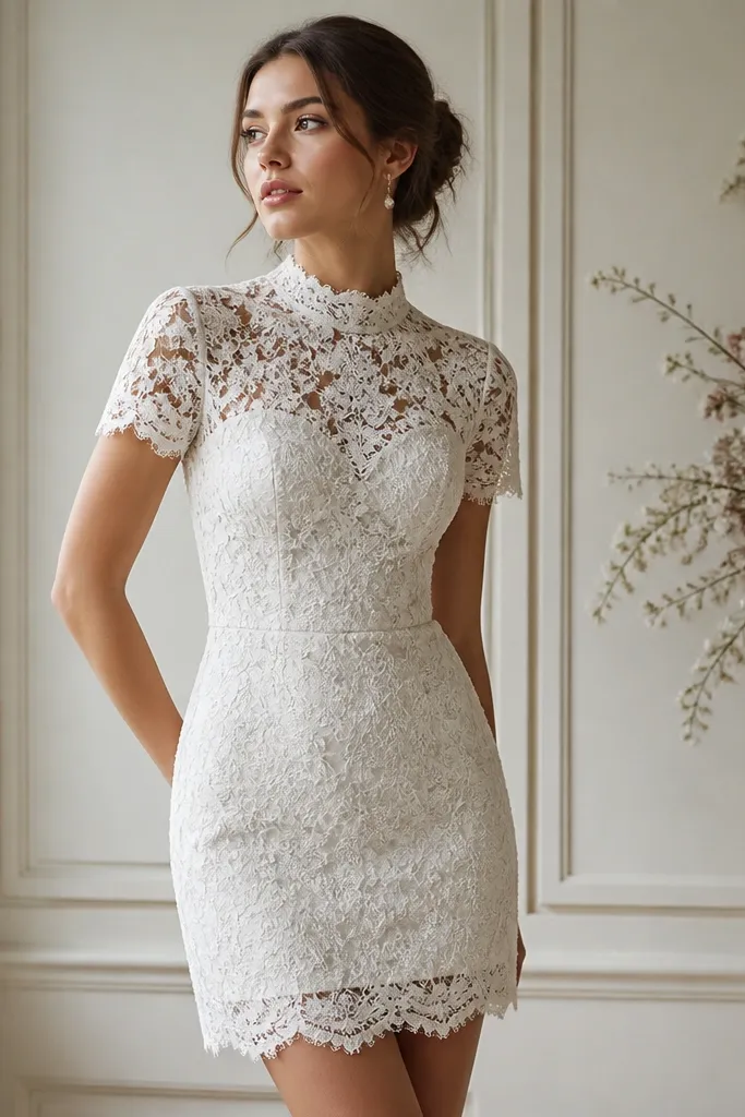 A short wedding dress in off-white floral lace with a high neckline and short sleeves; the skirt ends mid-thigh with a scalloped lace finish and a fitted waist.
