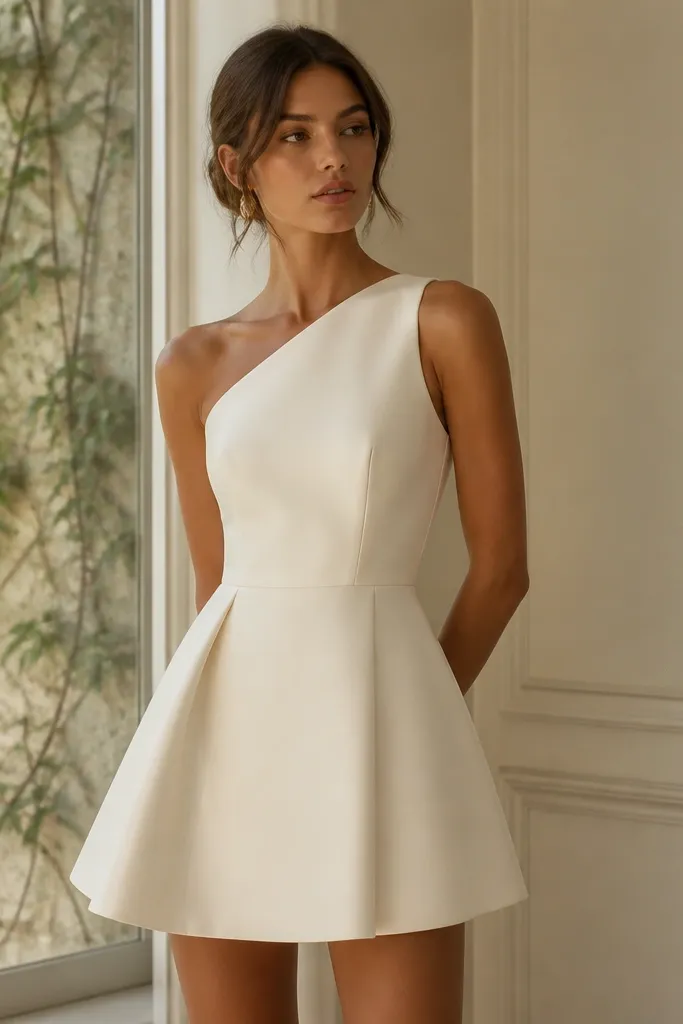 An ivory one-shoulder short dress in crisp mikado fabric, defined waist seam, and a structured A-line mini skirt; the asymmetry looks sharp and modern.