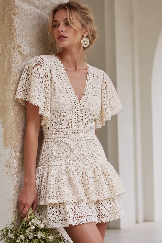 A cream crochet short wedding dress with openwork patterns, flutter sleeves, and a tiered mini hem; the texture is visible throughout with a soft, airy vibe.