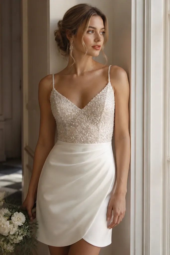 A short wedding dress with a fully beaded or sequined bodice, spaghetti straps, and a minimal satin or crepe skirt; beads catch the light at the chest and waist.