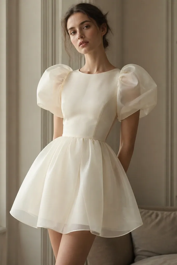 An ivory organza mini dress with structured puff sleeves, a fitted waist, and a skirt that looks slightly fuller due to organza layers; the hem sits above the knee.