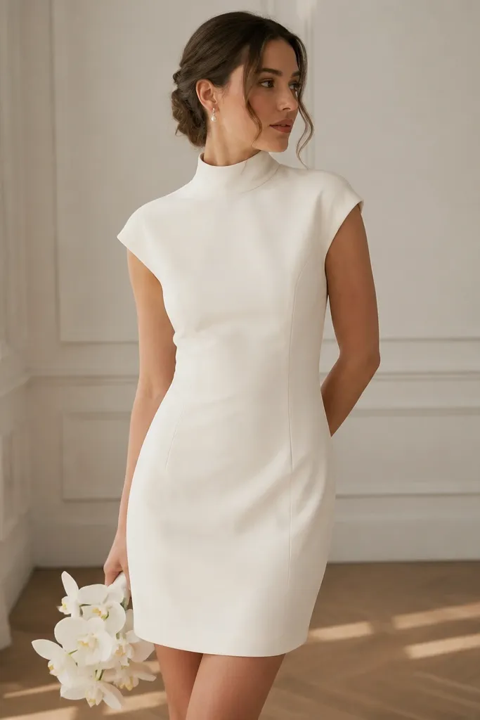 A minimal ivory crepe short wedding dress with a mock neck, sleeveless or short sleeve finish, and a tapered mini skirt ending above the knee; clean seam lines and no visible embellishment.