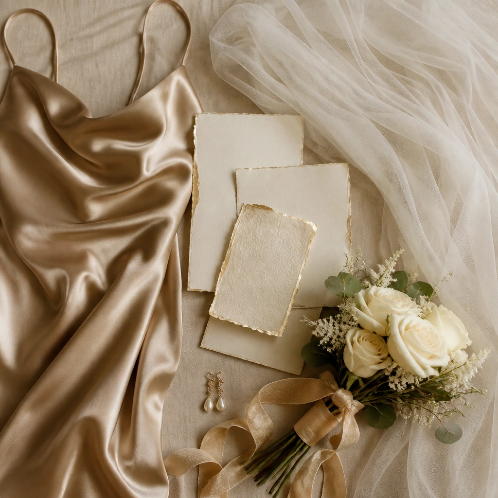 A styled wedding flat lay showing a champagne satin bridesmaid dress, an ivory silk veil, antique gold invitations with foil edges, and a small bouquet of cream roses with gold-toned ribbon.