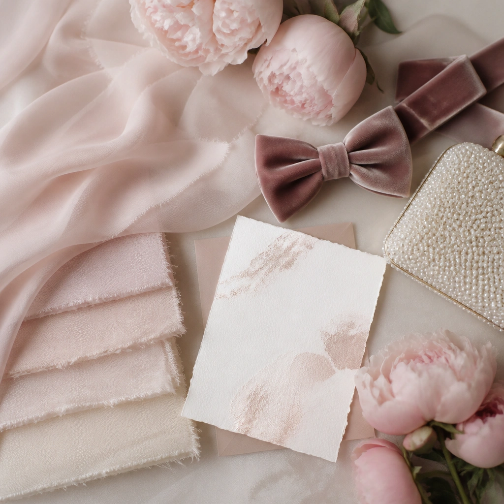A wedding color board: blush chiffon gown fabric swatches, rosewood velvet bow ties, pearl-beaded clutch, blush peonies, and a white invitation with rose-gold script.