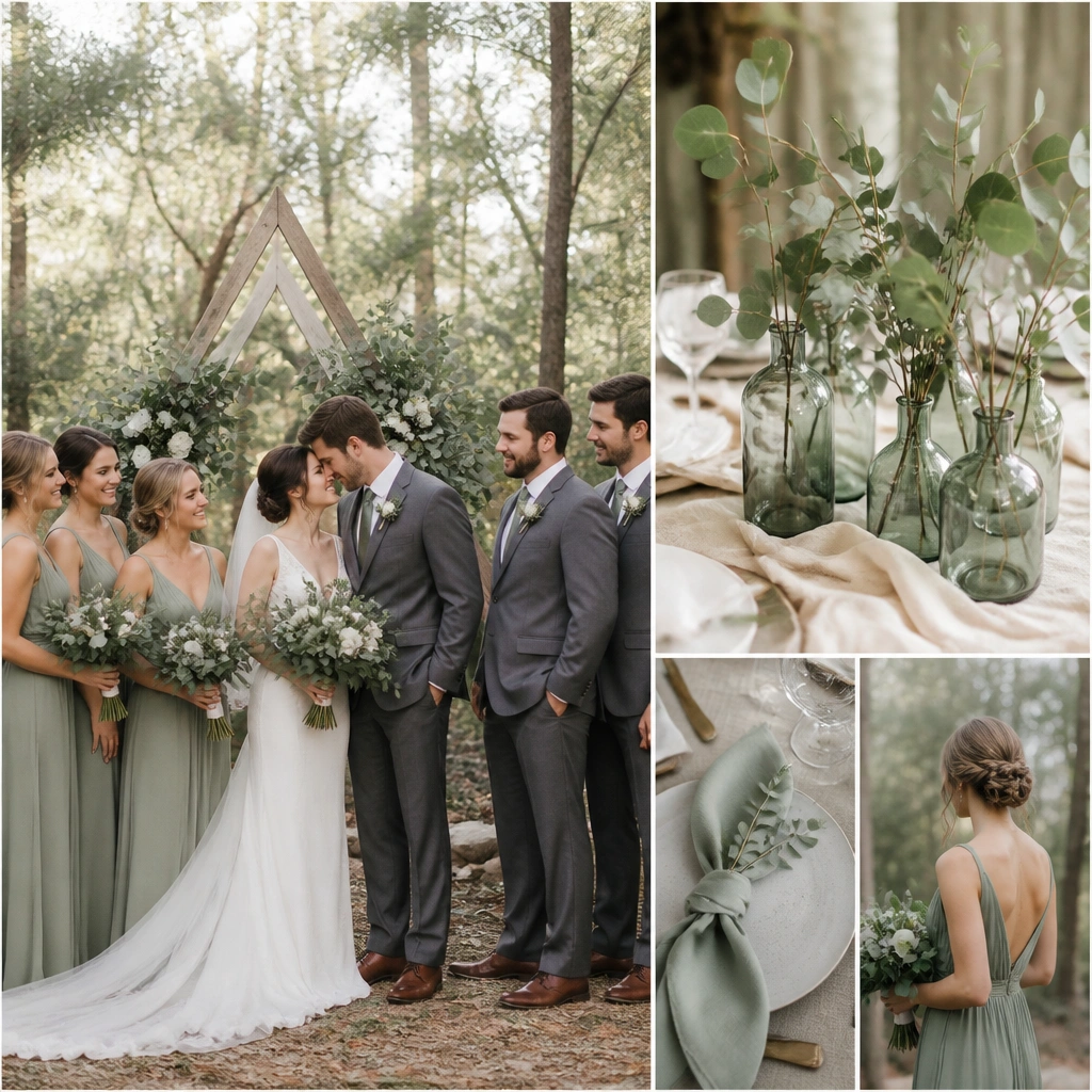 A woodland-inspired wedding setup: sage crepe bridesmaid dresses, oat-milk table linens, smoke-gray suit fabric, and eucalyptus leaves in muted green glass vases.