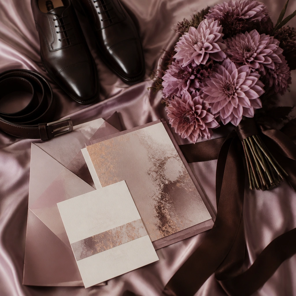 Mauve satin fabric, espresso brown leather belt and shoes, invitation suite with champagne-rose foil, and a bouquet of mauve dahlias with brown ribbon.