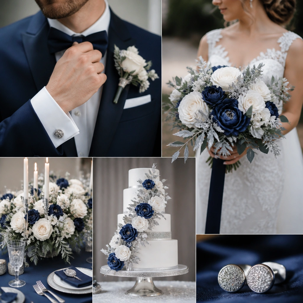 A classic navy-and-white wedding scene: navy satin suits, white lace wedding dress details, iced-silver cufflinks, and navy-and-white floral arrangements with silver glitter accents.