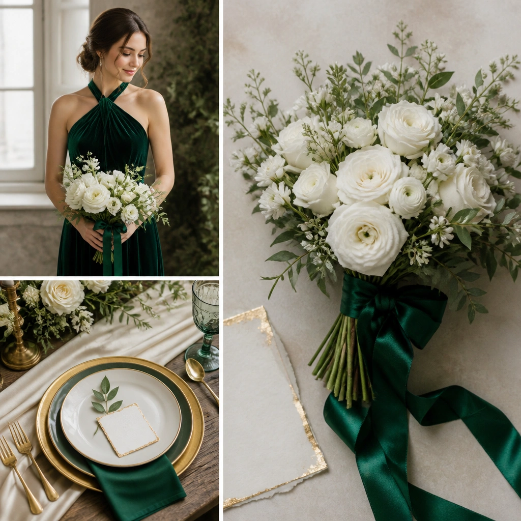 A jewel-toned palette: emerald velvet bridesmaid dress, cream silk table runner, gold-leaf invitation edges, and a bouquet of white flowers with emerald ribbon.