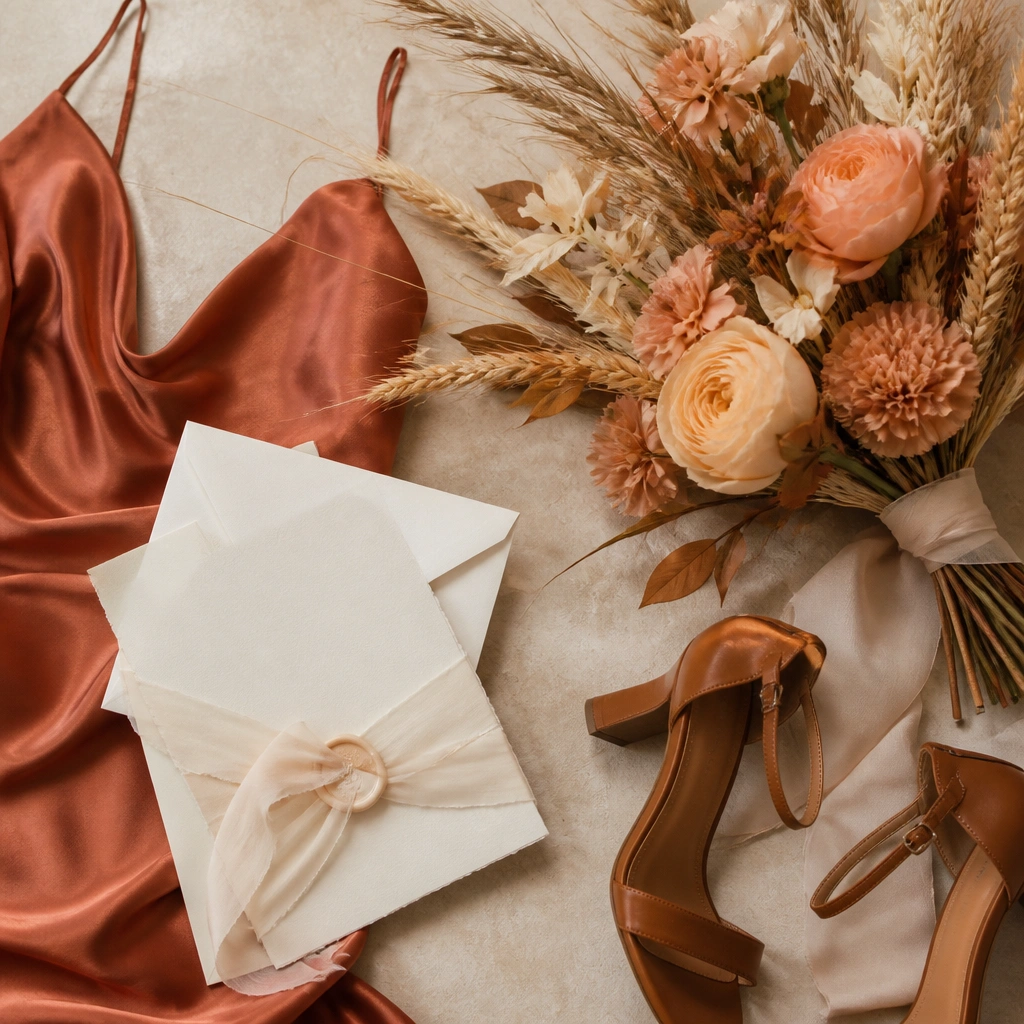 A warm desert palette: terracotta satin dress, cinnamon leather shoes, warm ivory invitations, and a bouquet of peachy blooms with dried wheat accents.