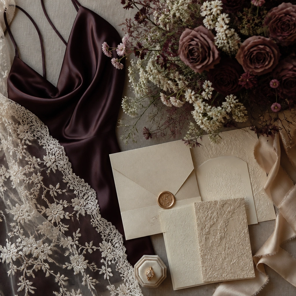 A moody-luxe board: black tea rose satin dress, ivory lace overlay, soft gold stationery with subtle embossing, and a bouquet of dark rose blooms with ivory filler flowers.
