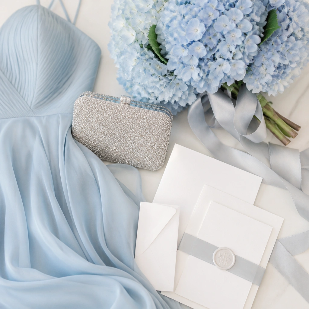 A cool, airy palette: powder blue chiffon bridesmaid dresses, dusty silver beaded clutch, white invitation suite, and pale blue hydrangeas with frosted-silver ribbon.