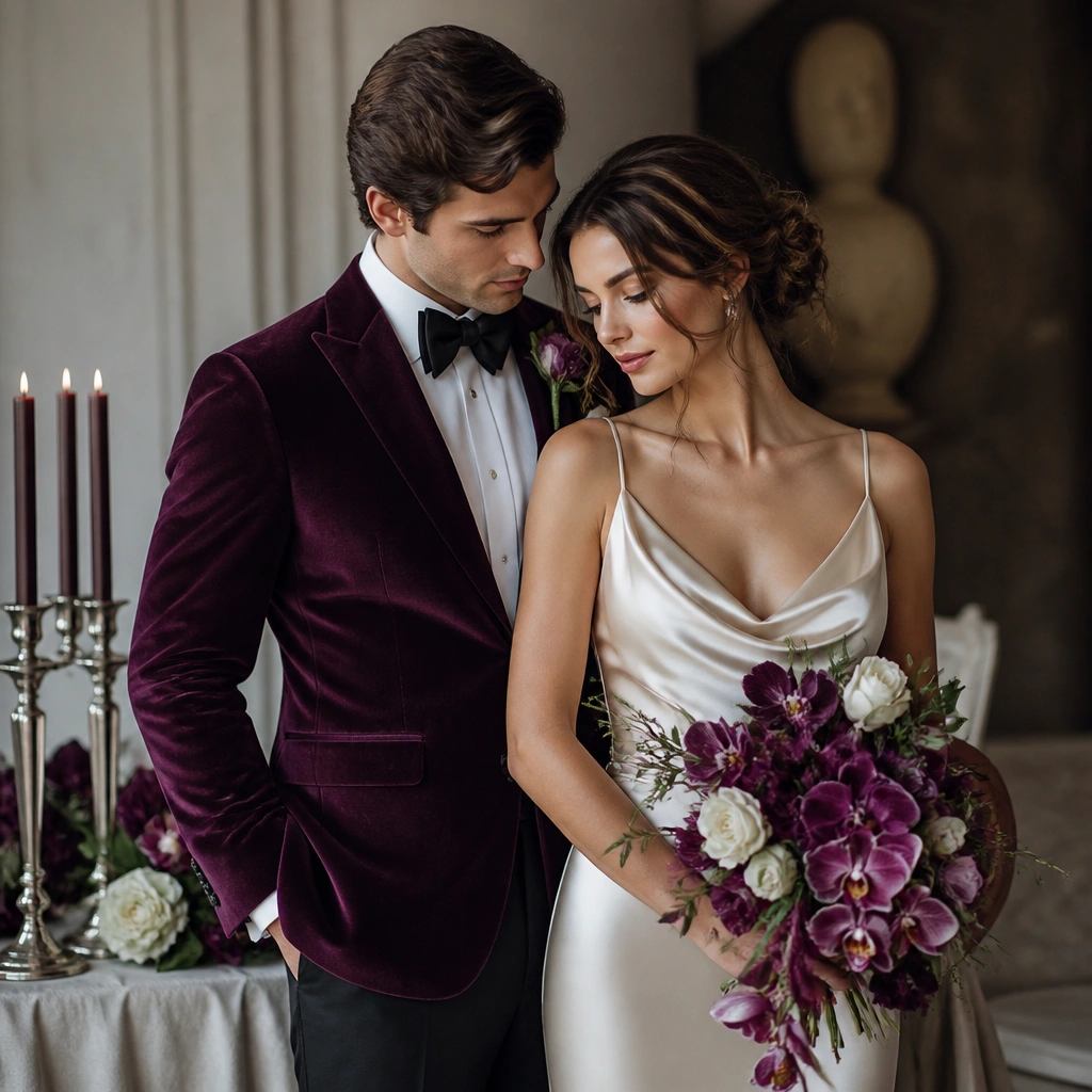 A rich palette: plum wine velvet suit fabric, ivory champagne satin gown, pewter-toned candle holders, and a bouquet of plum orchids with ivory accents.