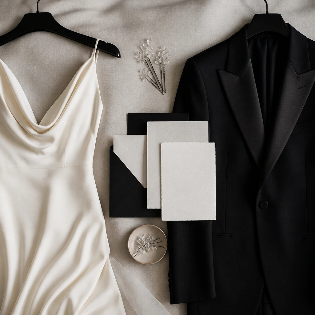 A minimal luxe layout: cream crepe bridal dress, black ink tuxedo jacket on a hanger, clear crystal hair pins, and monochrome invitations with clean black typography.