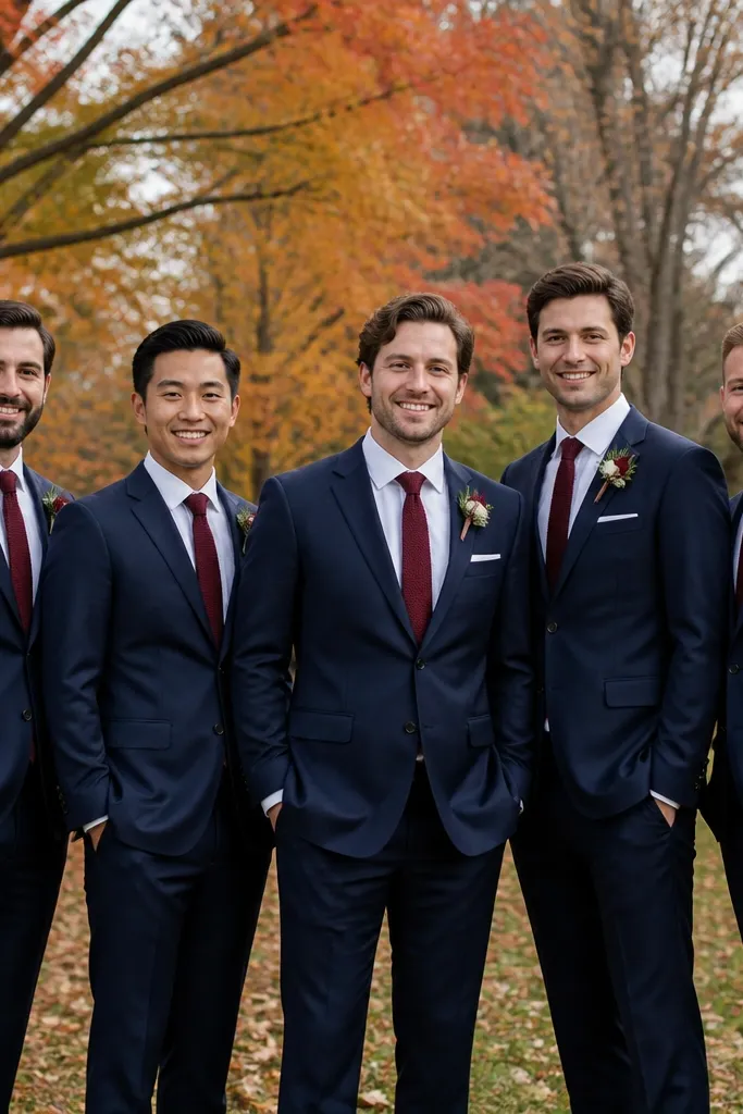 A group photo of groomsmen in matching brushed navy suits with white shirts and an oxblood red knit tie; autumn leaves are visible in the background.