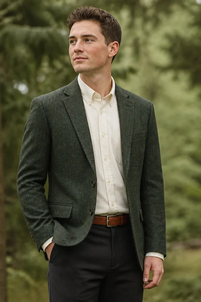 A single groomsman styled in a forest green tweed sport coat with a cream Oxford shirt, dark trousers, and a muted brown leather belt.