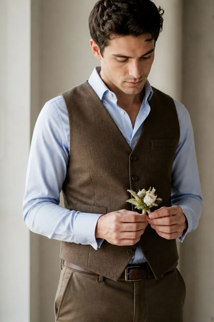 A groomsman wearing a clay brown wool vest over a light blue shirt, with matching brown trousers and a dark belt; he’s holding a boutonniere.