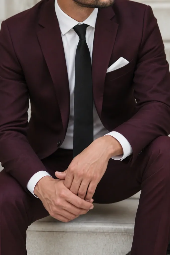 A close-up of a groomsman in a deep burgundy suit with a matte black tie, white pocket square, and polished black shoes.