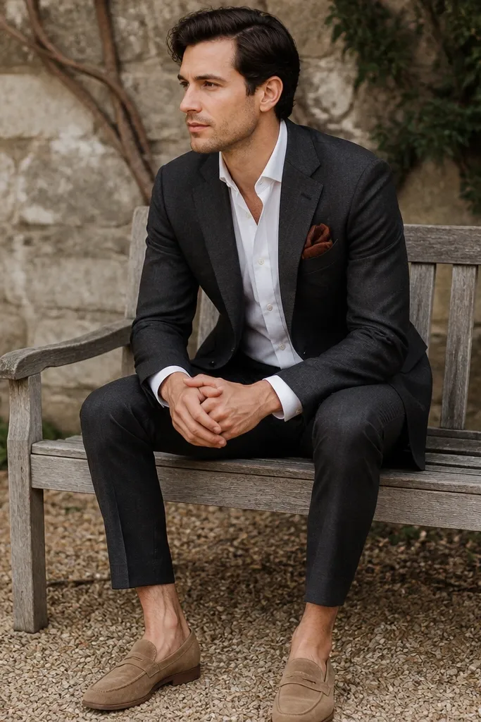 A groomsman sitting on a wooden bench wearing a charcoal suit, tan suede loafers, and a rust-colored pocket square with a white shirt.