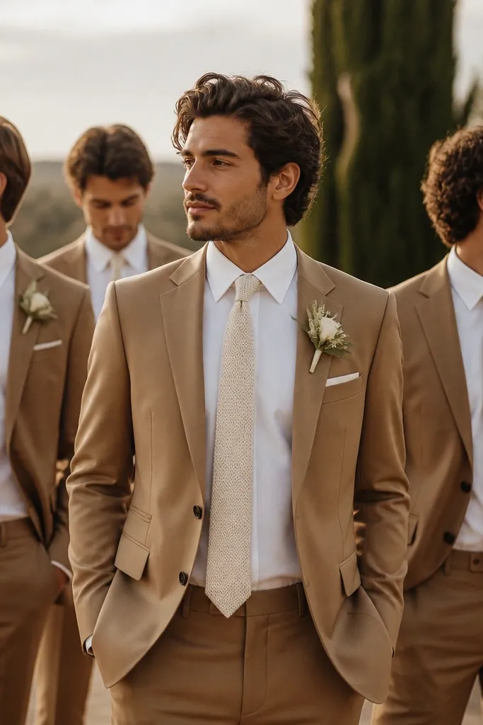 Multiple groomsmen in camel-toned suits with cream knit ties and off-white shirts, posed outdoors with warm, golden light.