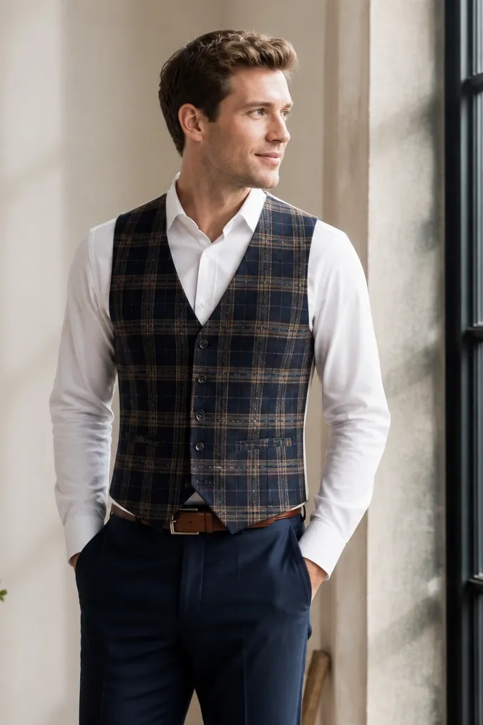 A groomsman wearing a navy-and-camel plaid vest over a white shirt, paired with solid navy trousers and a simple belt.