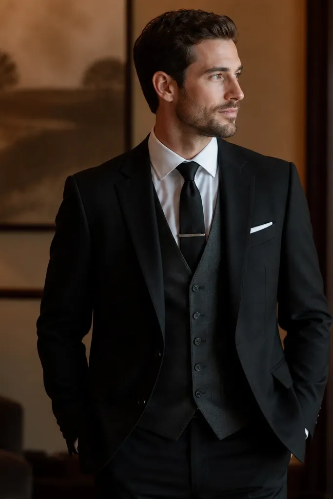 A groomsman in a black suit with a smoke gray waistcoat, a silver tie bar, and a dark tie; the scene is indoors with warm lighting.