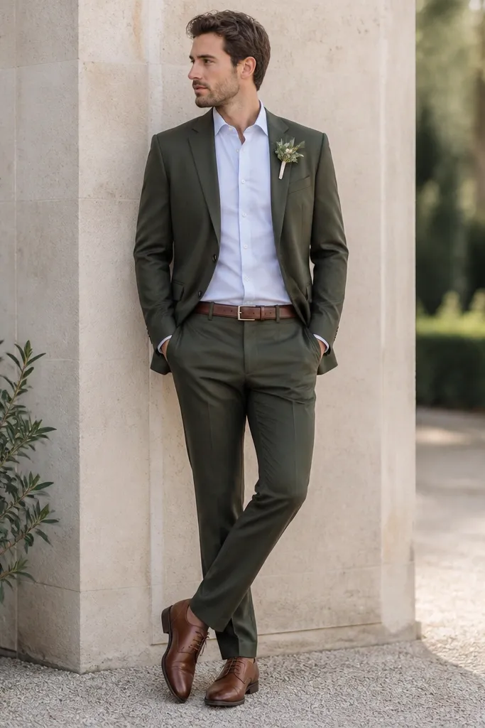A styled groomsman in a dark olive suit with a light blue shirt, brown leather belt, and brown leather shoes.