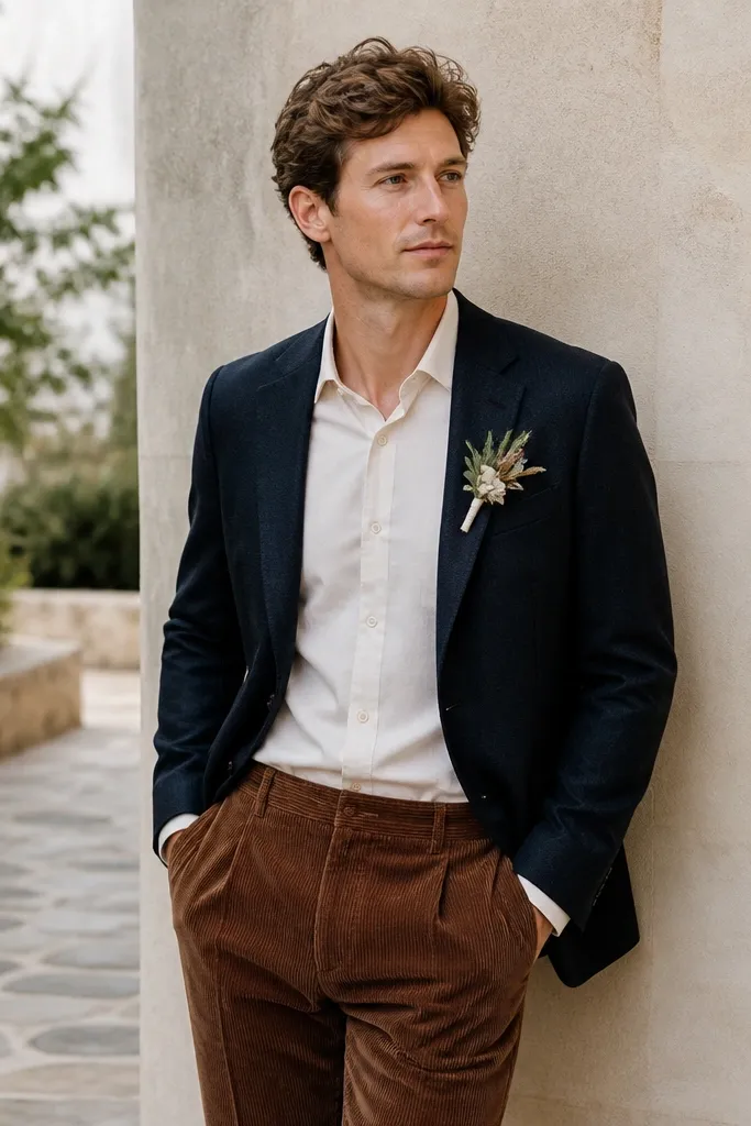 A groomsman wearing rusty brown corduroy pants with a navy blazer and a cream shirt; the fabric texture is clearly visible.