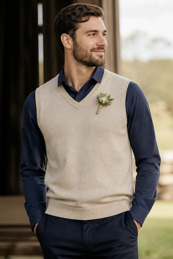 A groomsman wearing an oatmeal sweater vest over a navy dress shirt, with dark trousers and a small boutonniere.