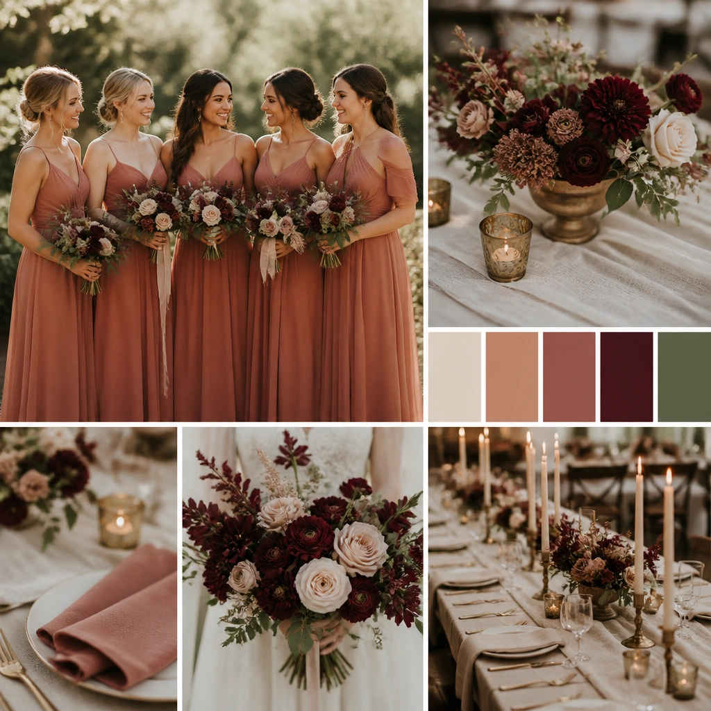 A wedding palette board showing dusty clay bridesmaid dresses, deep burgundy florals, and small antique gold candle holders on a cream linen table runner.