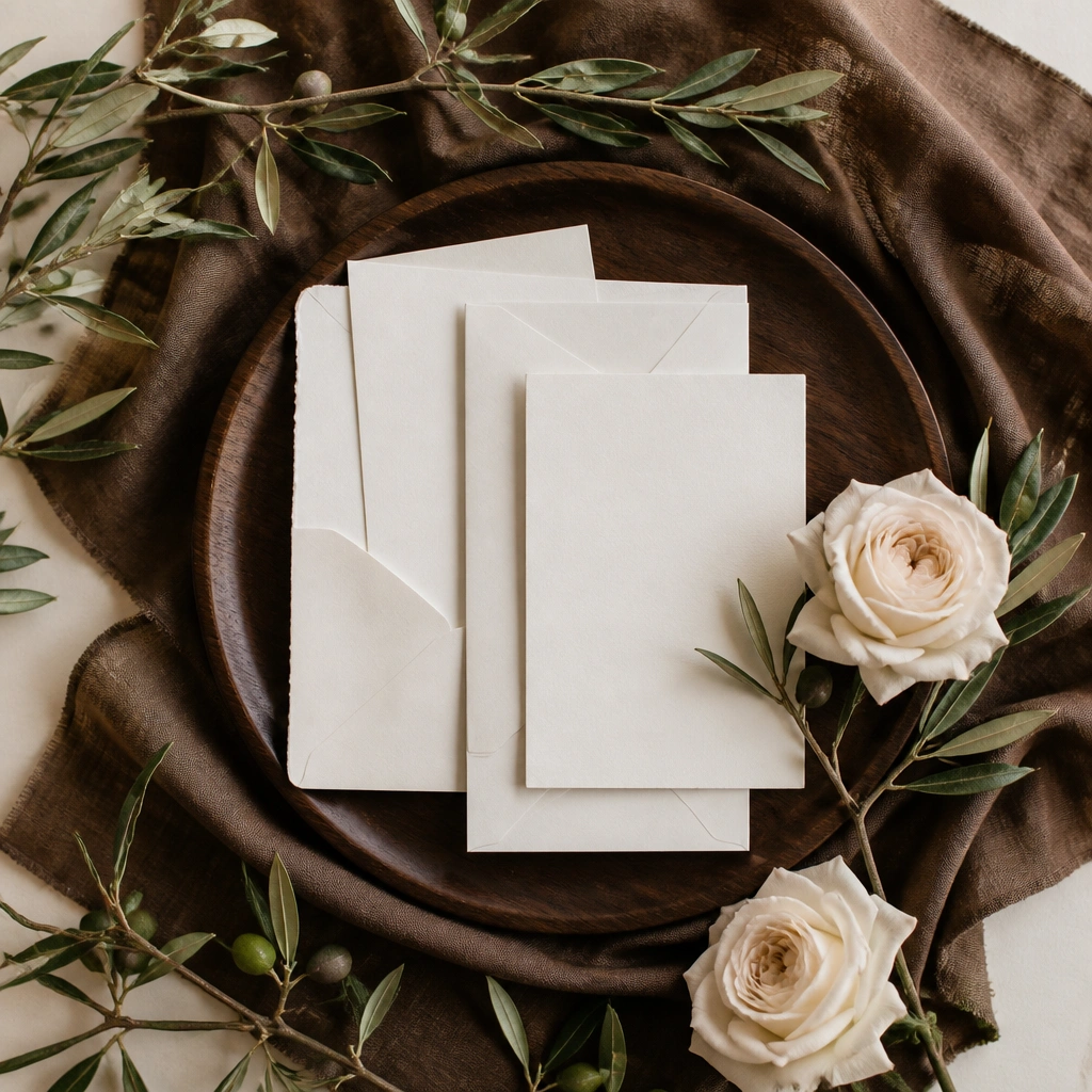 An arrangement of olive branches, cream roses, and espresso-brown table linens with a dark wood charger plate and a simple white invitation suite.
