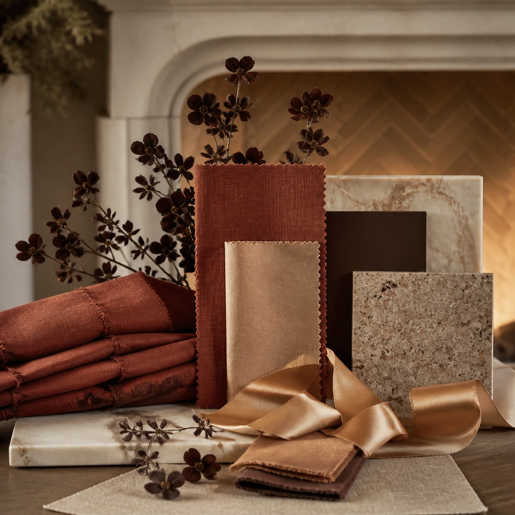 A color board with burnt sienna napkins, camel satin ribbons, and chocolate-brown floral stems, styled with a faux fireplace backdrop.