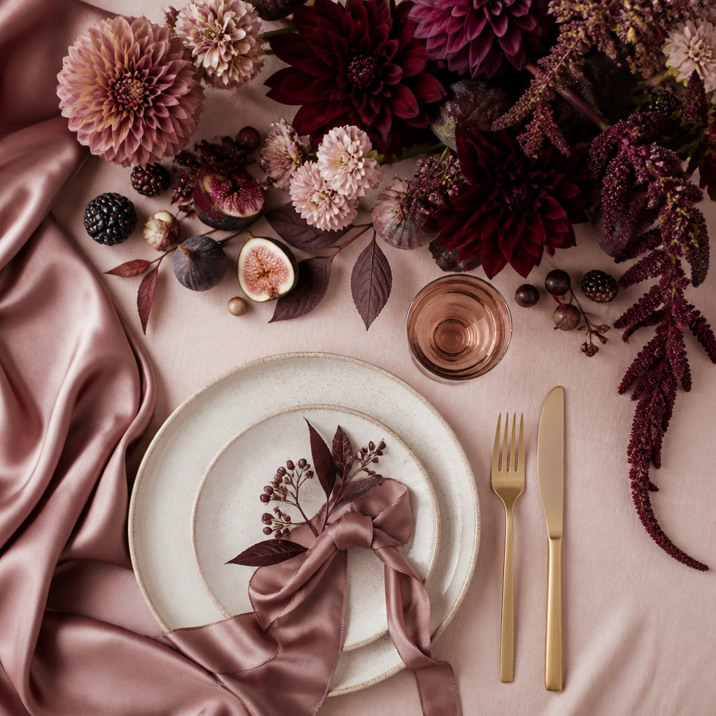 A wedding flat lay with dusty rose satin fabric, fig-toned berries and dahlias, and soft gold cutlery on a blush tablecloth.