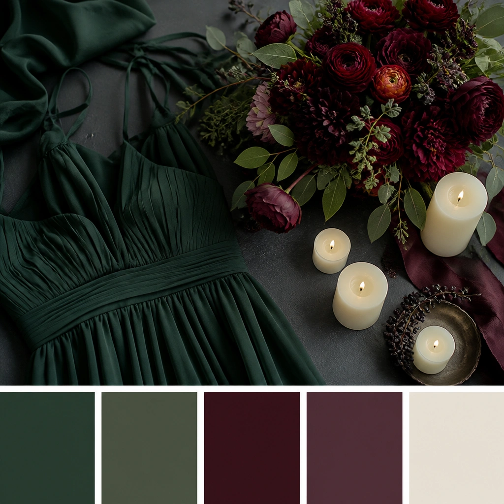 A palette image showing forest green bridesmaid dresses, burgundy wine-colored flowers, and ivory candles on a dark slate table.