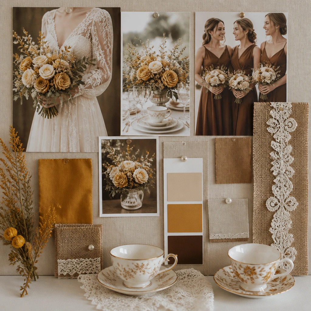 A board with mustard-gold floral accents, mocha-brown bridesmaid outfits, and cream lace details, styled with small teacups and burlap.