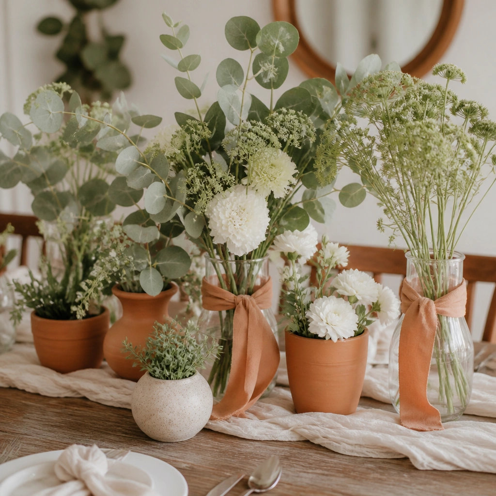 A styled centerpiece with sage green eucalyptus, terracotta clay planters, and white flowers, plus terracotta ribbon tied around glass vases.