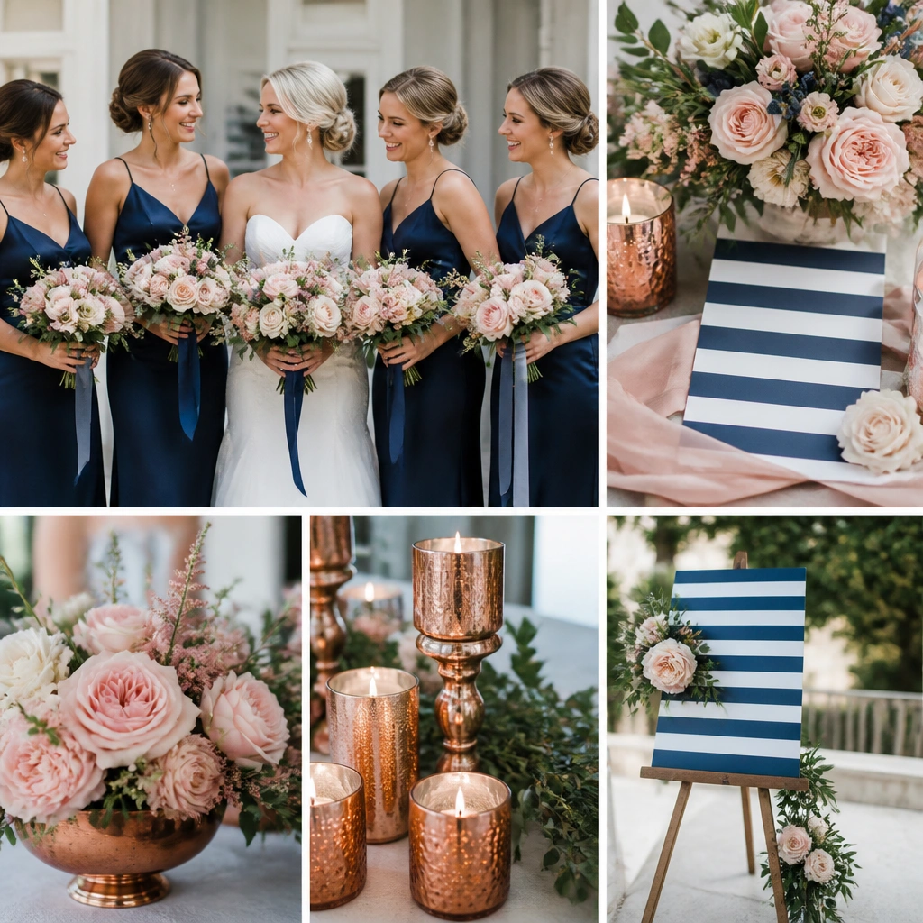 A wedding palette showing navy satin bridesmaid dresses, blush florals, and copper candle holders with navy-and-white striped signage.