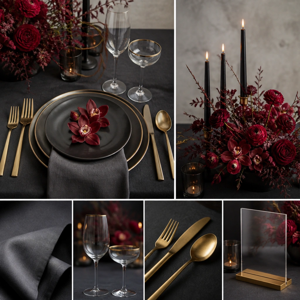 A color board with charcoal table linens, champagne-gold tableware, and cranberry-red blooms, arranged with black taper candles and a sleek acrylic sign.