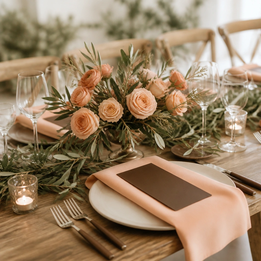 A palette showing peach napkins, olive greenery garlands, and chocolate-brown menu cards, with peach roses and olive foliage in a low centerpiece.