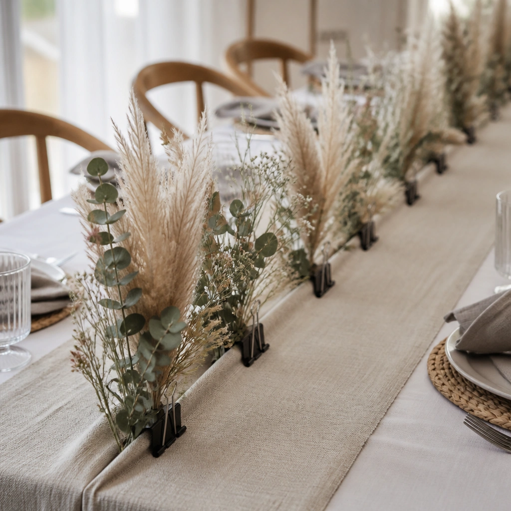 A long table with a natural linen runner; pampas grass bundles and eucalyptus sprigs are held in place with black binder clips along the runner edge; small faux wildflower stems fill gaps.