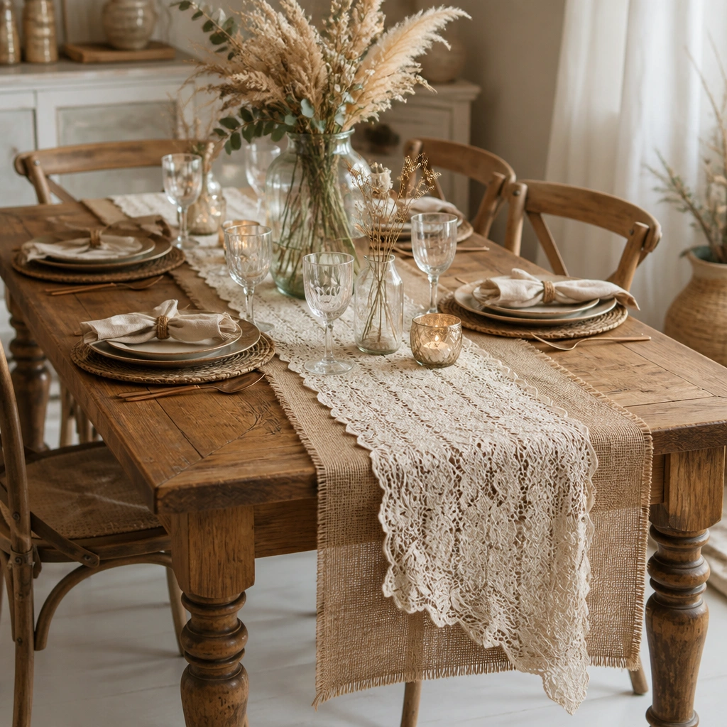 A boho table set with a burlap-jute runner layered under a beige lace runner; the lace drapes slightly off-center; the edges hang naturally near the table legs.