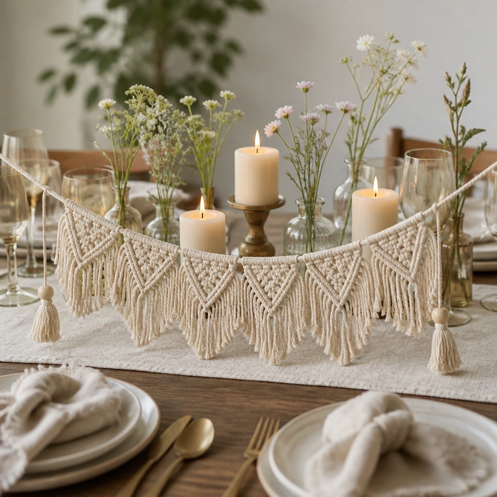 A macramé table flag hangs across the center of the table like a banner; the ends are weighted with small wooden beads; behind it are candles and small bud vases.